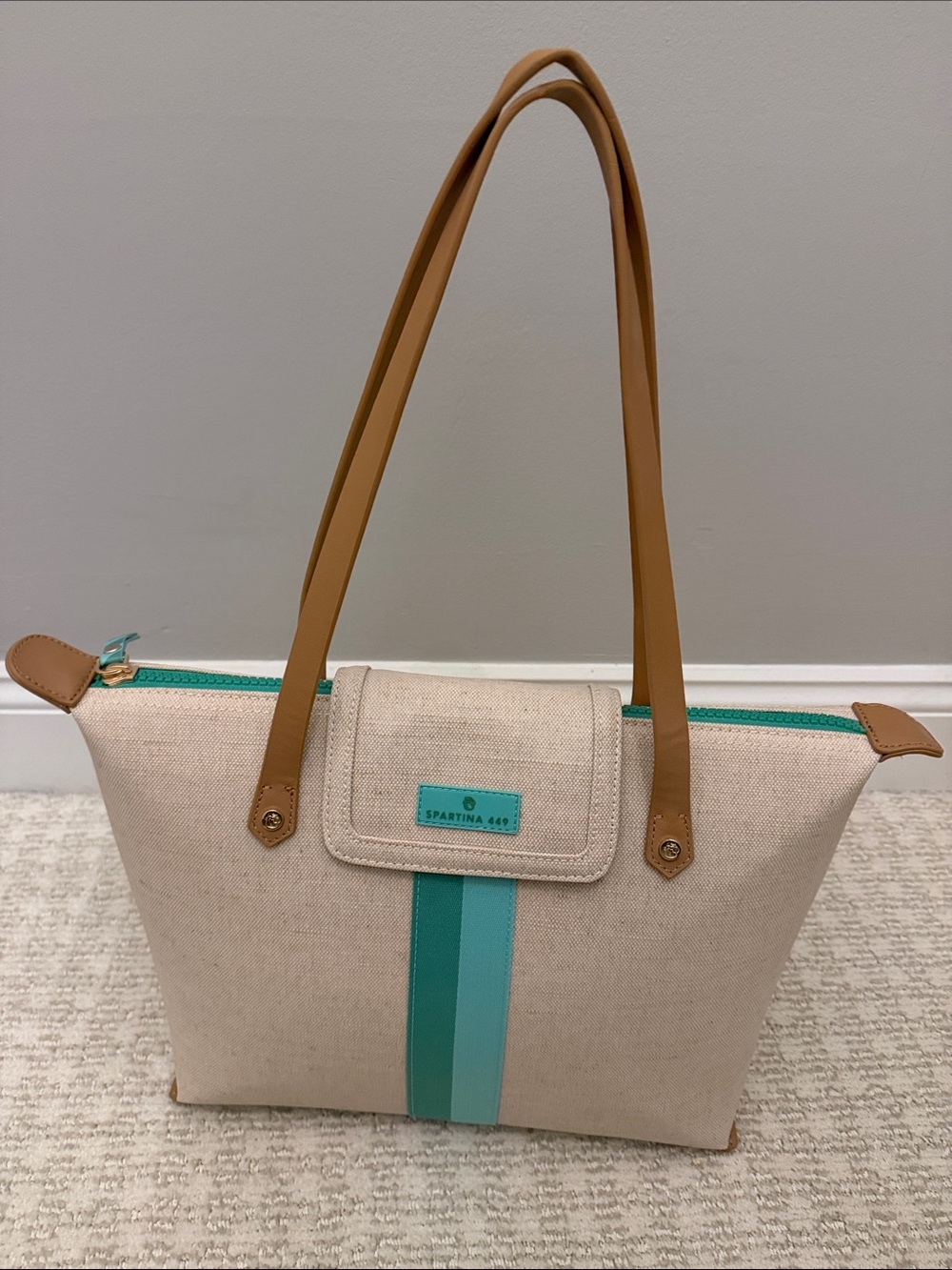 Spartina 449 Cream Canvas Tote with Teal Stripe and Tan Handles